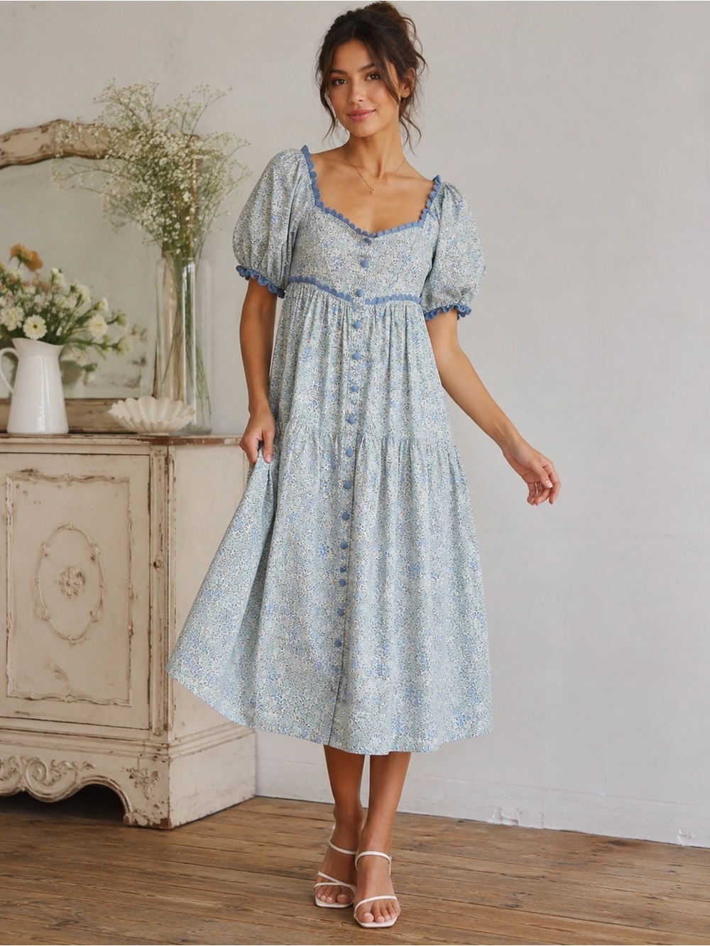 Mable Angelina Floral Puff Sleeve Cottagecore Midi Dress Blue Lace Trim M